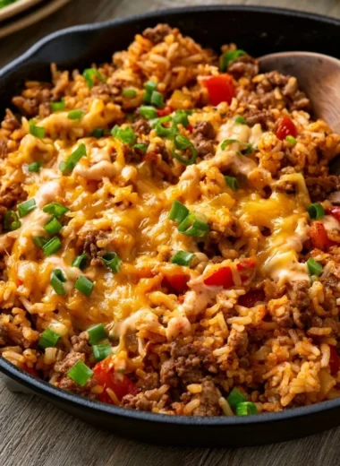 One Pot Cheesy Cajun Beef Rice served in a bowl with herbs