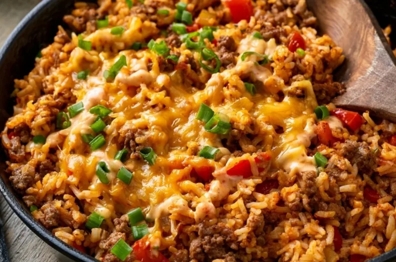 One Pot Cheesy Cajun Beef Rice served in a bowl with herbs