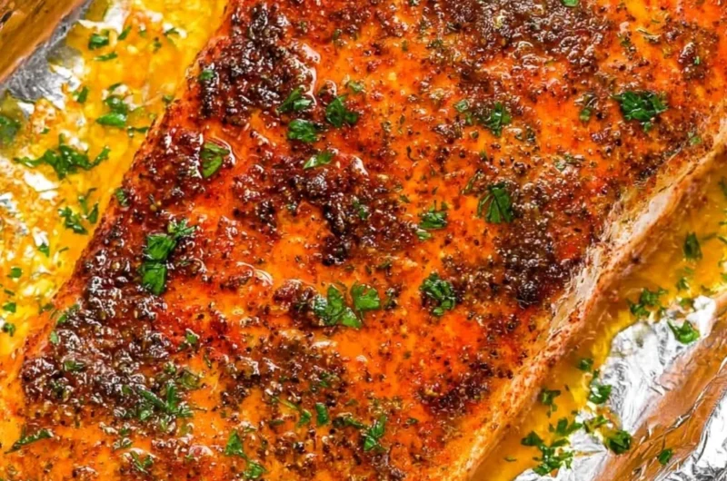 Delicious oven baked salmon fillet served with herbs and lemon