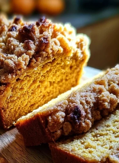 Delicious Pumpkin Streusel Bread fresh from the oven with streusel topping.
