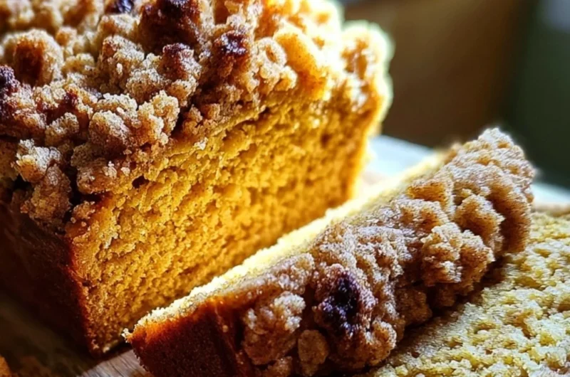 Delicious Pumpkin Streusel Bread fresh from the oven with streusel topping.