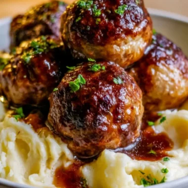 Salisbury steak meatballs served with garlic herb mashed potatoes on a plate.