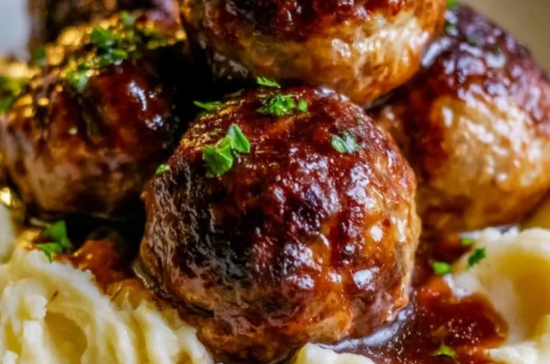 Salisbury steak meatballs served with garlic herb mashed potatoes on a plate.