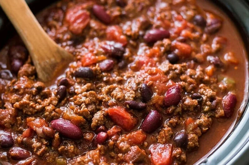 Bowl of hearty slow cooker chili topped with cheese and cilantro