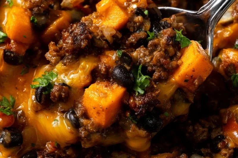 Southwestern ground beef sweet potato skillet cooked in a cast iron pan