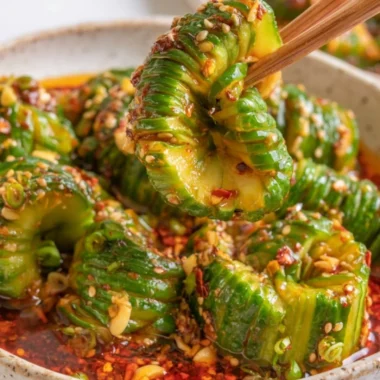 Spicy Asian Cucumber Salad with sesame seeds and peppers