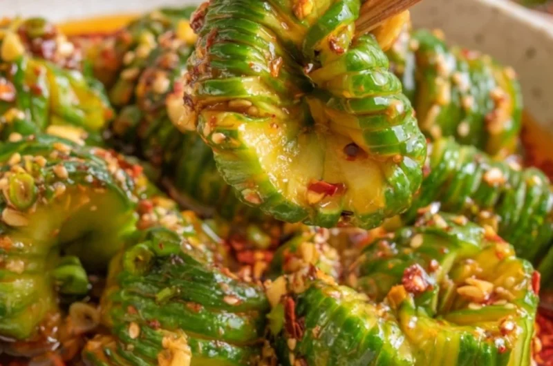 Spicy Asian Cucumber Salad with sesame seeds and peppers
