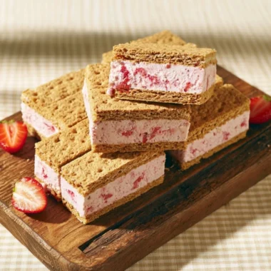 Delicious strawberry ice cream sandwiches served on a colorful plate