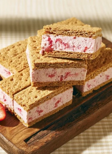 Delicious strawberry ice cream sandwiches served on a colorful plate
