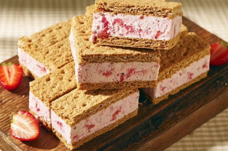 Delicious strawberry ice cream sandwiches served on a colorful plate