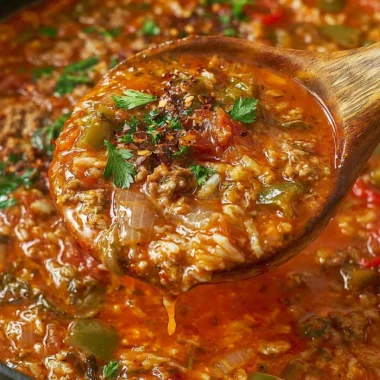 A bowl of hearty stuffed pepper soup with colorful peppers and fresh herbs.