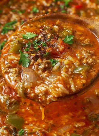 A bowl of hearty stuffed pepper soup with colorful peppers and fresh herbs.