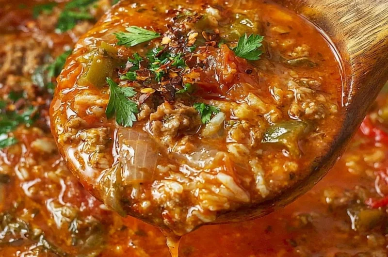A bowl of hearty stuffed pepper soup with colorful peppers and fresh herbs.