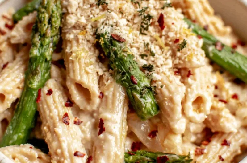Vegan Lemon White Bean Pasta garnished with herbs in a bowl