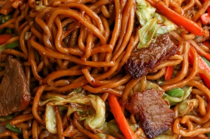 A flavorful plate of Beef Lo Mein with tender beef, colorful vegetables, and noodles