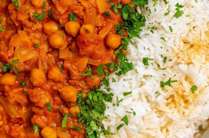 Bowl of flavorful chickpea masala with spices and herbs