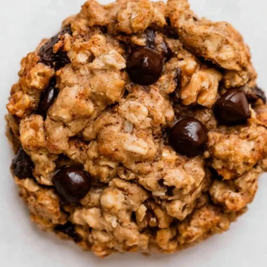 Chocolate chip banana oatmeal cookies fresh out of the oven, crispy and chewy.