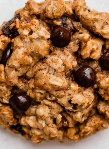 Chocolate chip banana oatmeal cookies fresh out of the oven, crispy and chewy.