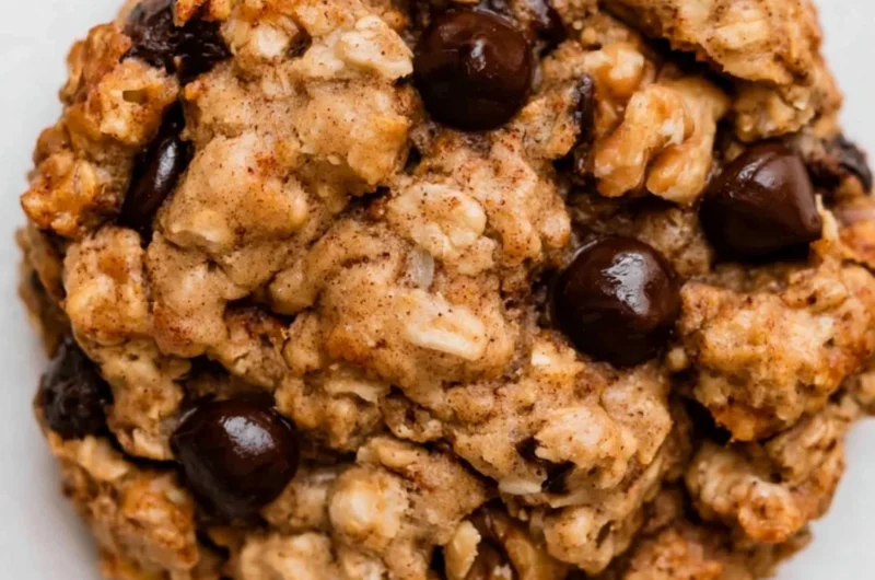 Chocolate chip banana oatmeal cookies fresh out of the oven, crispy and chewy.