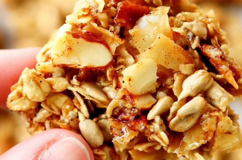 A bowl of crunchy granola topped with fresh fruits and nuts