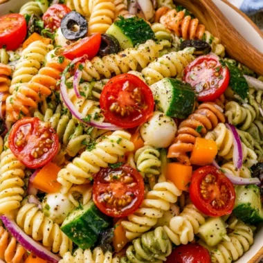 Colorful Italian pasta salad with fresh vegetables and dressing