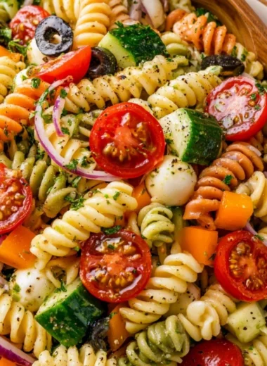 Colorful Italian pasta salad with fresh vegetables and dressing