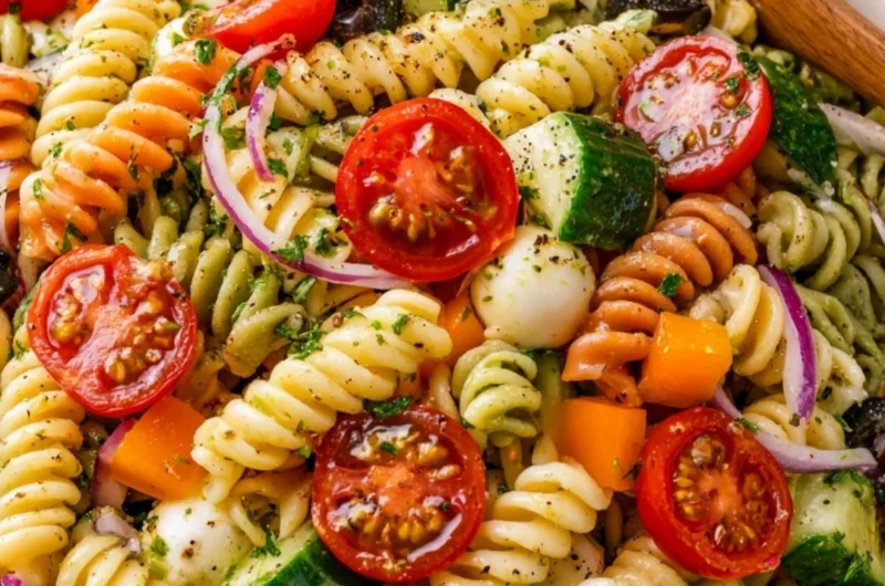 Colorful Italian pasta salad with fresh vegetables and dressing