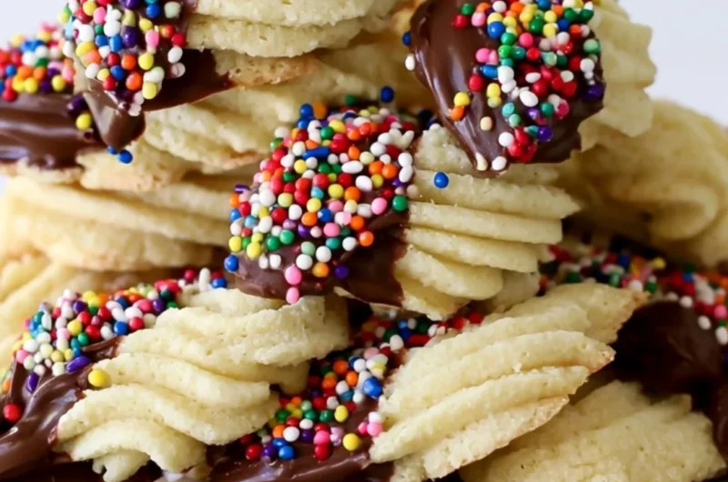 A plate of delicious Italian Spritz Cookies shaped and decorated for the holidays.