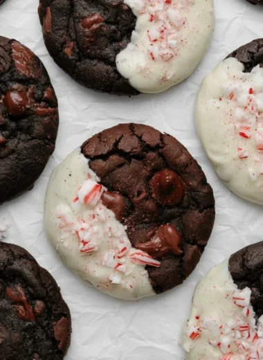 Delicious peppermint bark cookies topped with crushed peppermint candy.