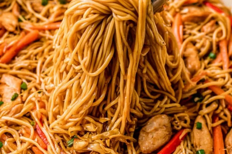 Delicious bowl of Quick and Easy Chicken Lo Mein with vegetables and noodles