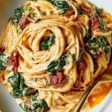 Bowl of quick spinach spaghetti with sundried tomatoes and herbs on a wooden table.