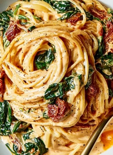 Bowl of quick spinach spaghetti with sundried tomatoes and herbs on a wooden table.