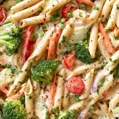 Colorful bowl of spring pasta with fresh veggies and herbs