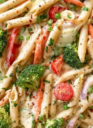 Colorful bowl of spring pasta with fresh veggies and herbs