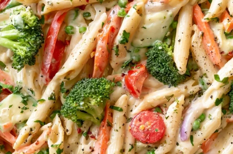 Colorful bowl of spring pasta with fresh veggies and herbs